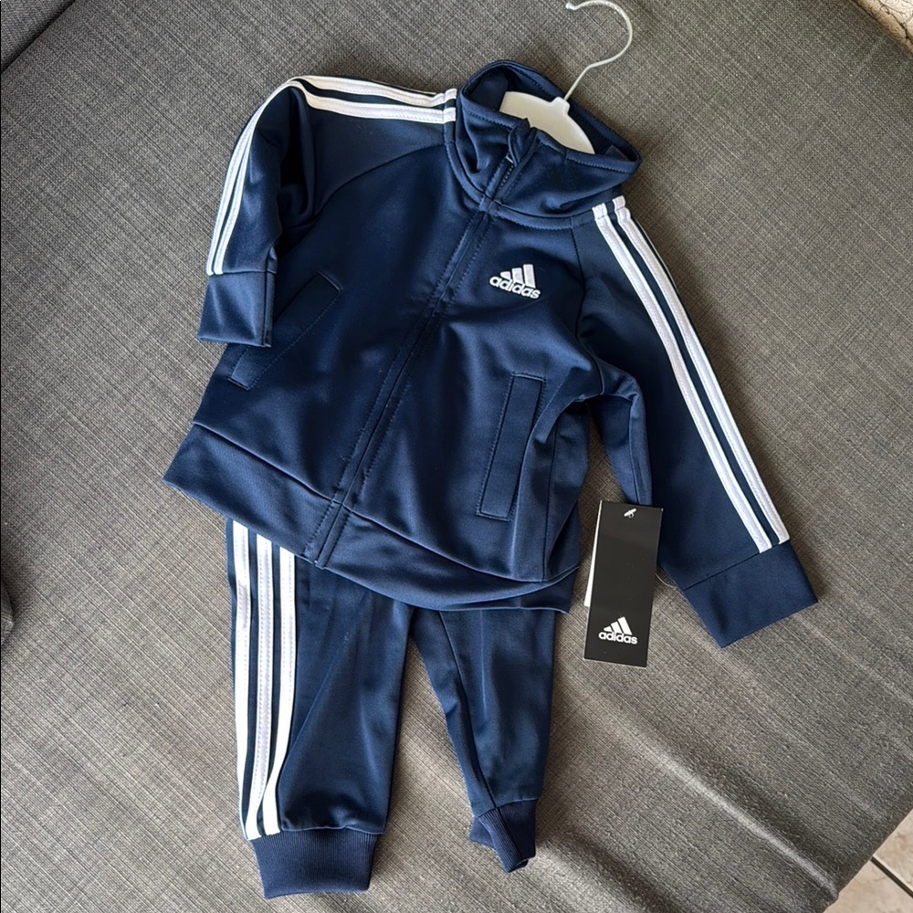 Baby boy Adidas Navy Tracksuit with White Stripes - Size 6m